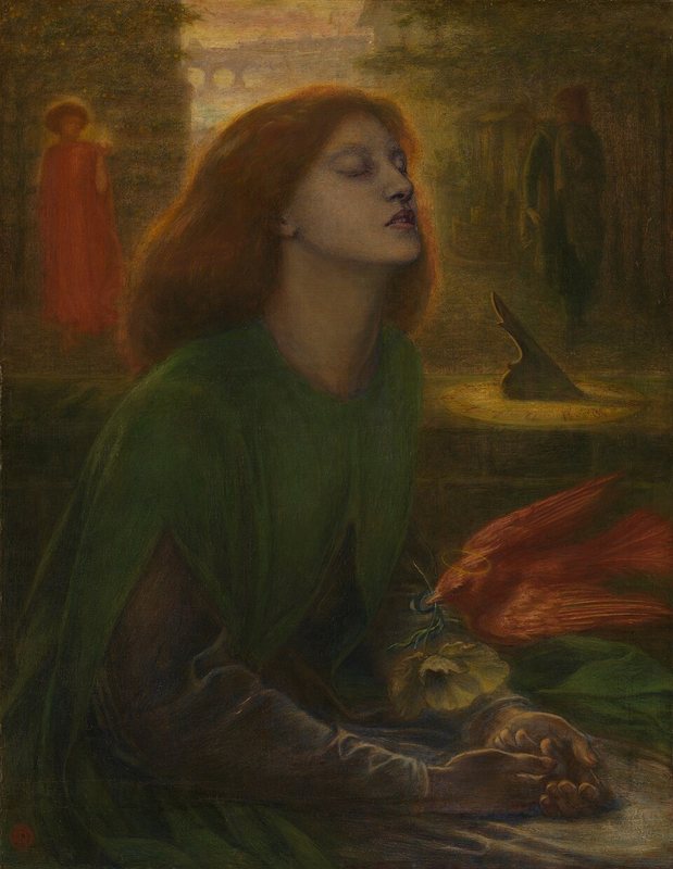 Beata Beatrix od Danteho Gabriela Rossettiho, kolem 1864–1870 – žena se zavřenýma očima v zeleném světle, červený pták jí do dlaní pouští mák