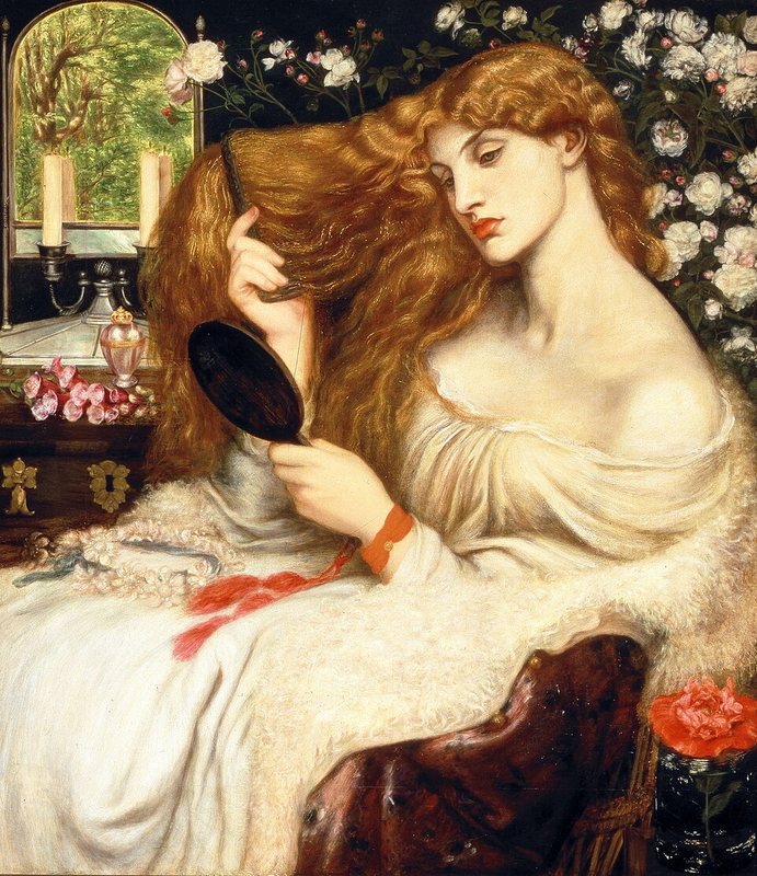Lady Lilith od Danteho Gabriela Rossettiho, 1866–1868 – žena v bílých šatech si češe dlouhé zlaté vlasy před zrcadlem