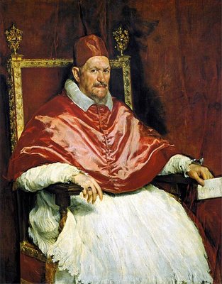 Portrét papeže Inocence X. od Diega Velázqueze, 1650 – papež v červeném a bílém sedí na křesle a přísně hledí, náhled