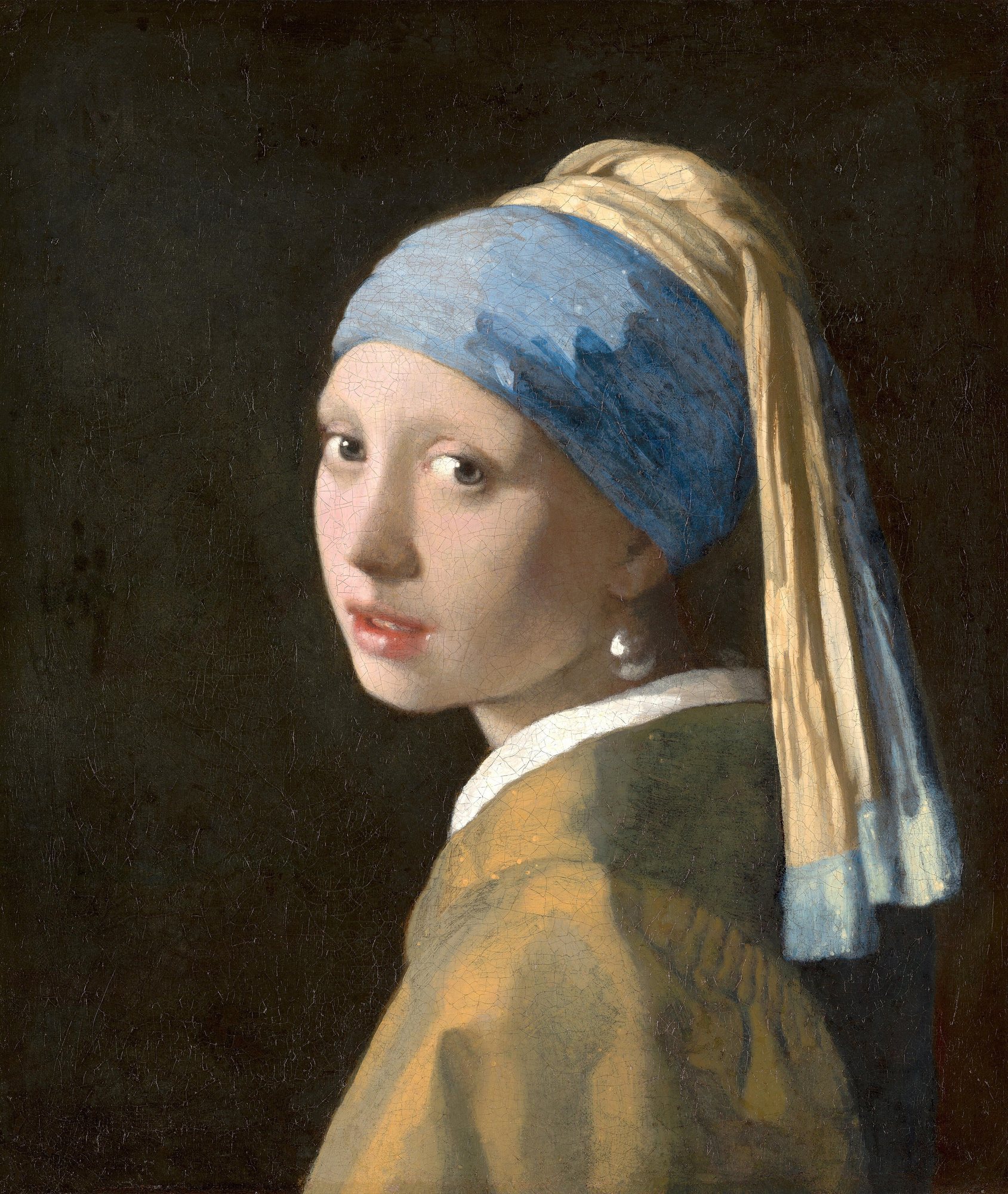 Dívka s perlou od Johannese Vermeera, kolem 1665 – dívka v modrožlutém turbanu s velkou perlou v uchu se ohlíží přes rameno na tmavém pozadí