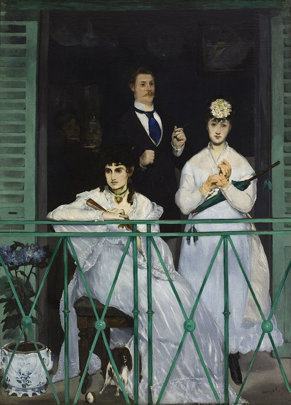 Balkon od Édouarda Maneta, 1868–1869 – dvě ženy v bílých šatech a muž v tmavém obleku na balkoně se zeleným zábradlím