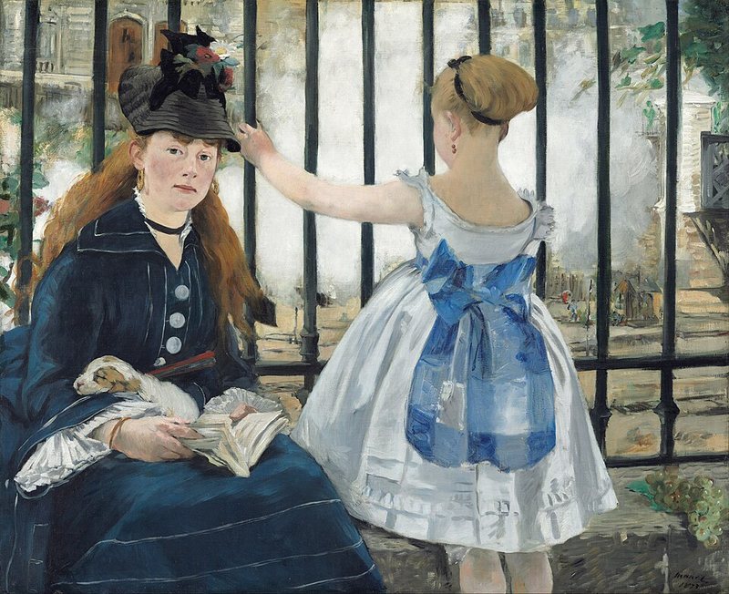 Železnice od Édouarda Maneta, 1873 – žena s knihou a štěnětem sedí u železného plotu, holčička v bílých šatech hledí do páry z kolejí