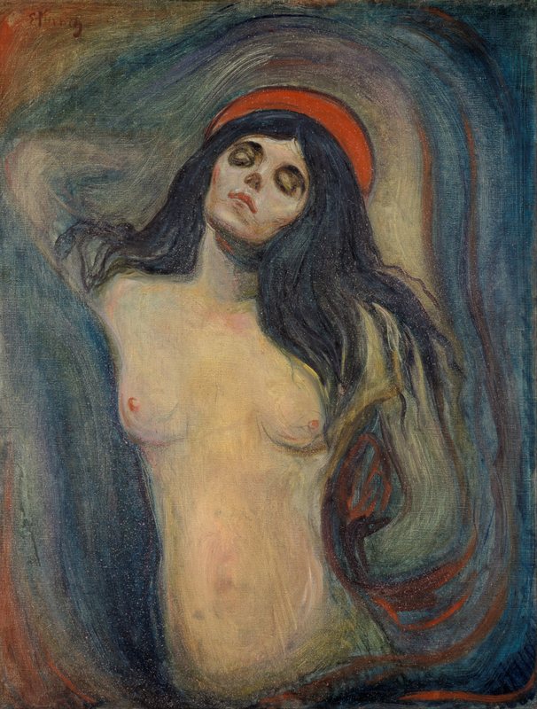 Madona od Edvarda Muncha, 1894 – žena s dlouhými černými vlasy a zavřenýma očima obklopená vlnitými liniemi