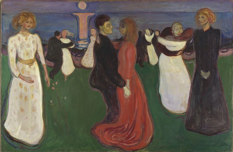 Tanec života od Edvarda Muncha, 1899–1900 – tančící páry na louce u moře, vlevo žena v bílém, vpravo žena v černém