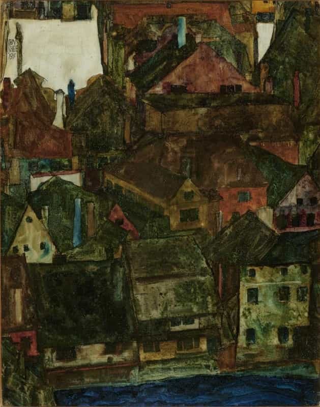 Mrtvé město od Egona Schieleho, 1911 – tmavé střechy a fasády domů Českého Krumlova nahusto vedle sebe