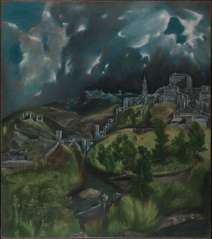 Pohled na Toledo od El Greca, kolem 1599–1600 – město na kopci pod tmavou bouřkovou oblohou, svahy v sytě zelené