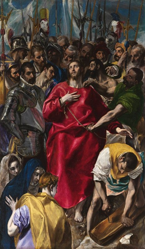 Svlékání Krista od El Greca, 1577–1579 – Kristus v sytě červeném rouchu uprostřed tlačenice vojáků a přihlížejících