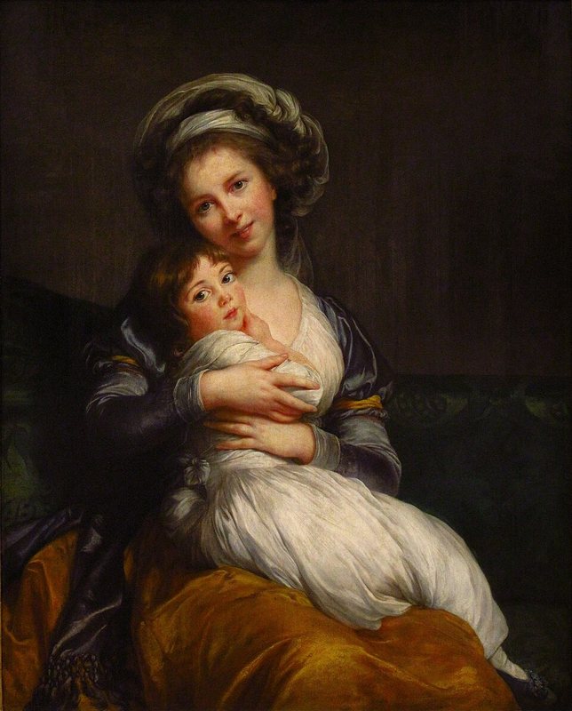 Autoportrét s dcerou Julií od Élisabeth Vigée Le Brun, 1786 – usměvavá malířka v turbanu drží v náručí malou dceru v bílých šatech