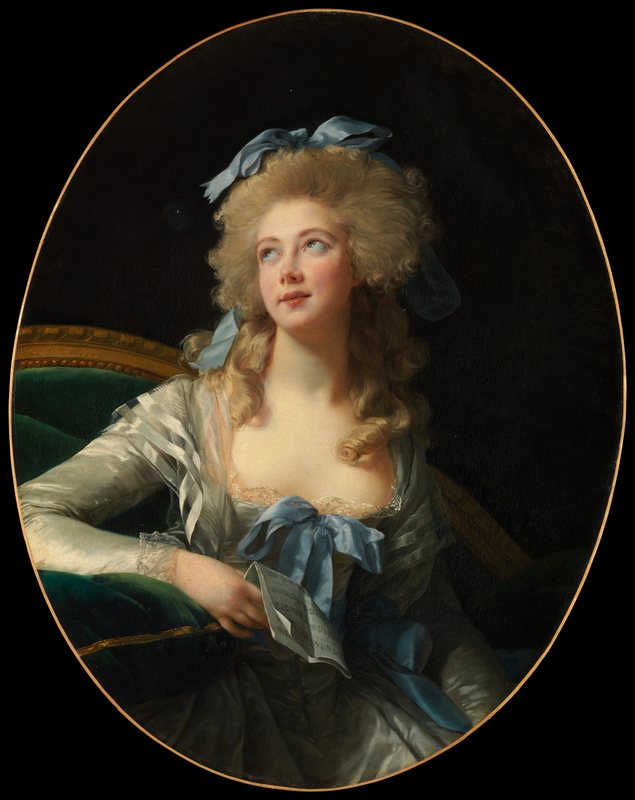 Madame Grand od Élisabeth Vigée Le Brun, 1783 – oválný portrét mladé ženy s modrými stuhami, která obrací oči vzhůru