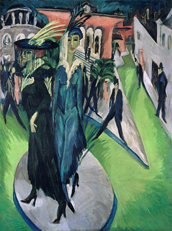 Potsdamer Platz od Ernsta Ludwiga Kirchnera, 1914 – dvě ženy na kruhovém ostrůvku uprostřed náměstí, v pozadí nádraží