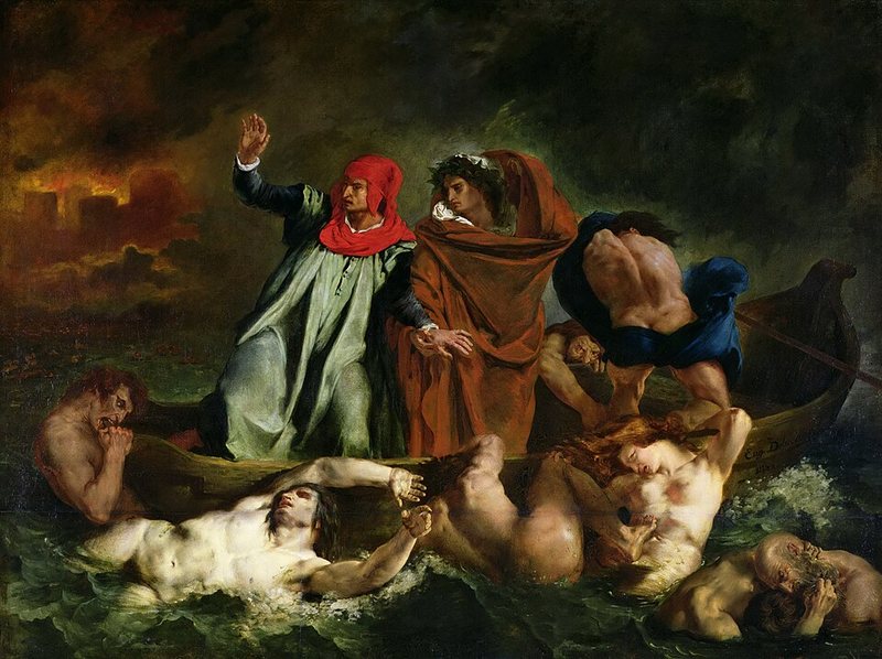 Dantova bárka od Eugèna Delacroixe, 1822 – Dante v červené kápi a Vergilius ve člunu na rozbouřené vodě, kolem se drží zatracené duše