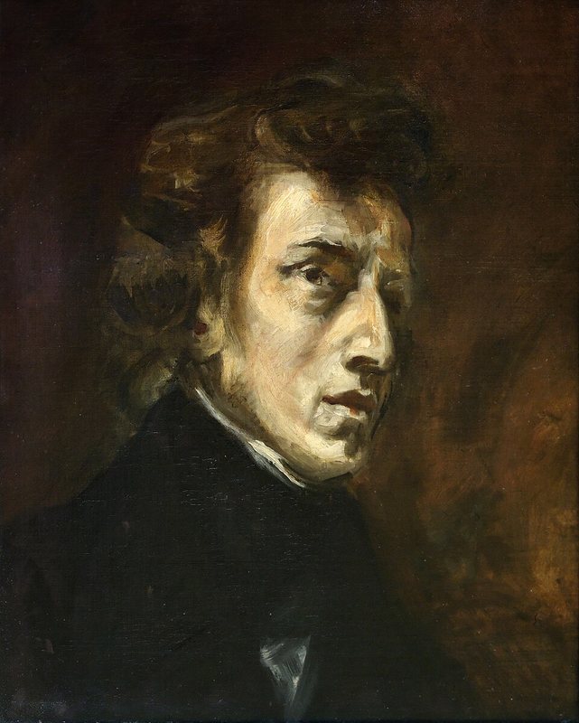 Portrét Frédérica Chopina od Eugèna Delacroixe, 1838 – tvář skladatele v tmavém oblečení, volně malovaná na tmavém pozadí