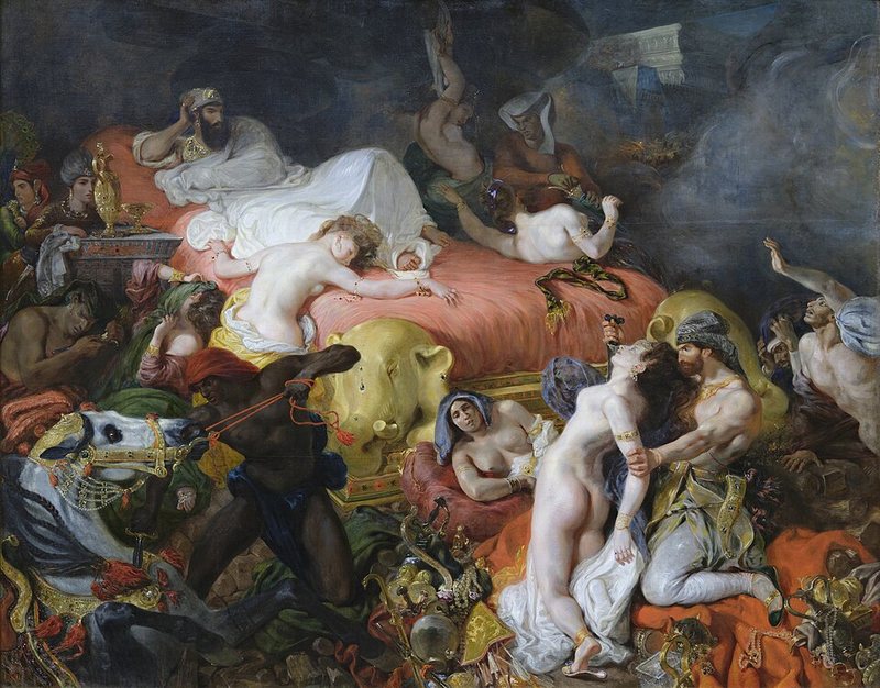 Smrt Sardanapalova od Eugèna Delacroixe, 1827 – asyrský král leží na lůžku s rudou pokrývkou uprostřed zmatku sluhů a pokladů