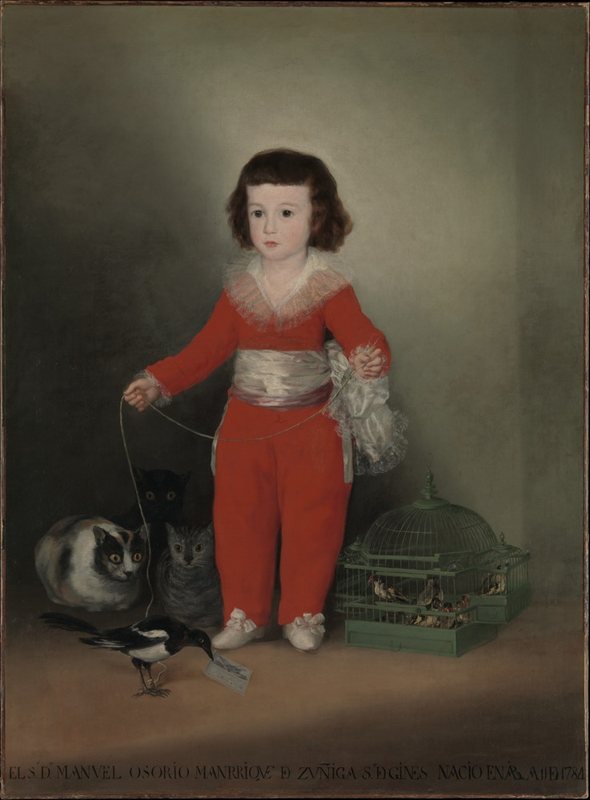 Portrét chlapce Manuela Osoria od Francisca Goyi, 1787–1788 – dítě v červeném obleku se strakou na provázku, vedle tři kočky