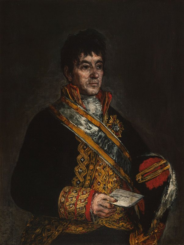 Portrét Dona Miguela de Lardizábal od Francisca Goyi, 1815 – muž v tmavé uniformě se zlatým vyšíváním drží v ruce dopis