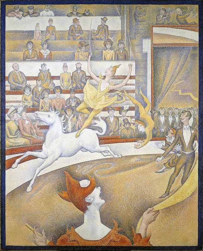 Cirkus od Georgese Seurata, 1891 – jezdkyně na cválajícím bílém koni v manéži, klaun a diváci v hledišti