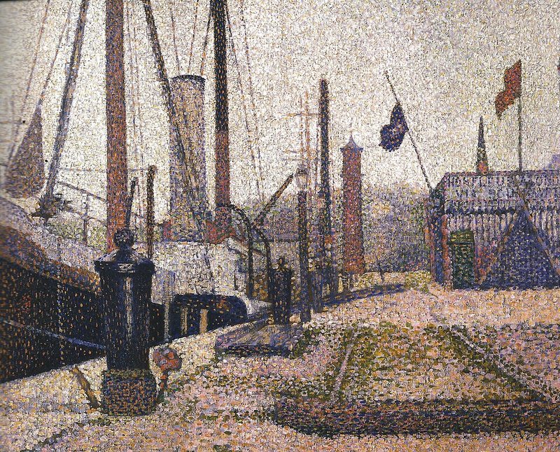 „Maria“ v Honfleuru od Georgese Seurata, 1886 – nábřeží v přístavu s parníkem, stožáry a vlajkami složené z barevných teček