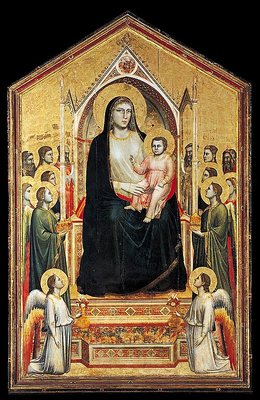 Madona Ognissanti od Giotta – Panna Marie s dítětem na trůnu, kolem ní andělé a svatí na zlatém pozadí, malý náhled