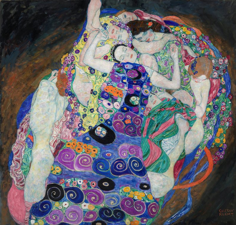 Panna od Gustava Klimta, 1913 – propletené spící ženské postavy v pestrobarevných šatech se spirálami