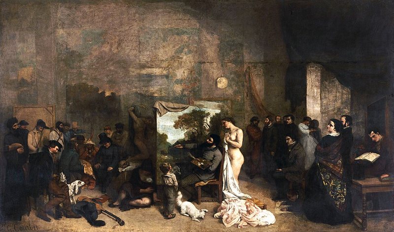 Ateliér malíře od Gustava Courbeta, 1854–1855 – malíř sedí u plátna s krajinou uprostřed velké místnosti, kolem něj modelka, chlapec a skupiny lidí