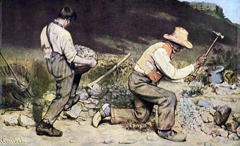 Tlouklci kamene od Gustava Courbeta, 1849–1850 – starý muž s kladivem a mladík s košem kamení pracují u cesty