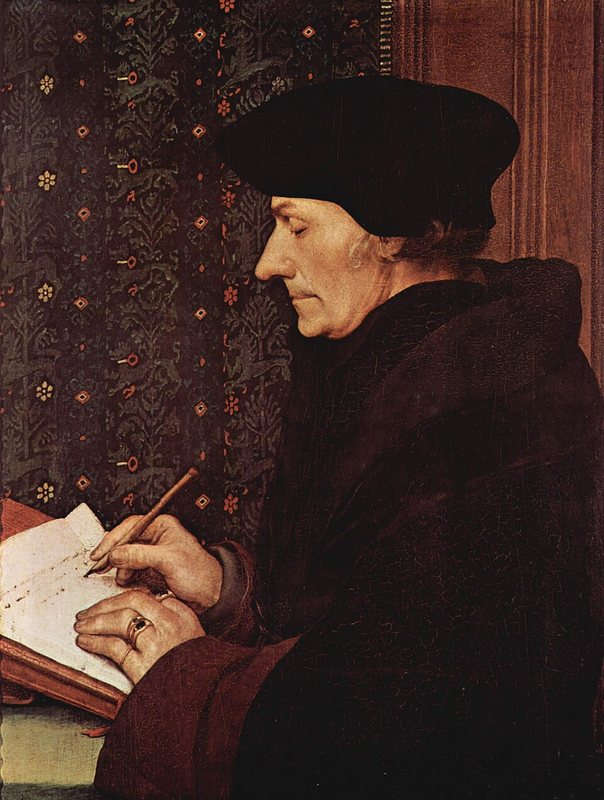 Erasmus Rotterdamský od Hanse Holbeina mladšího, 1523 – učenec v černém baretu z profilu píše perem do knihy