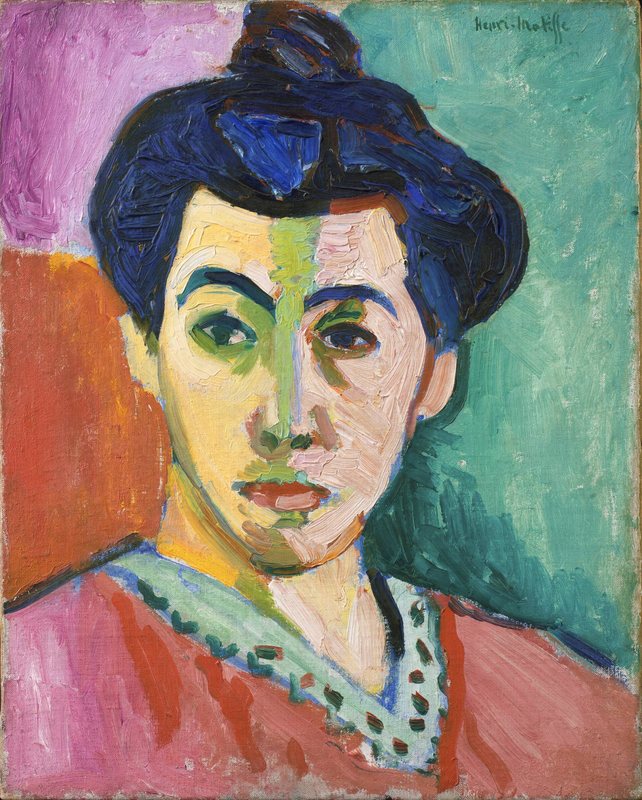 Zelená linka od Henriho Matisse, 1905 – portrét ženy s tmavými vlasy a zelenou linkou přes střed obličeje