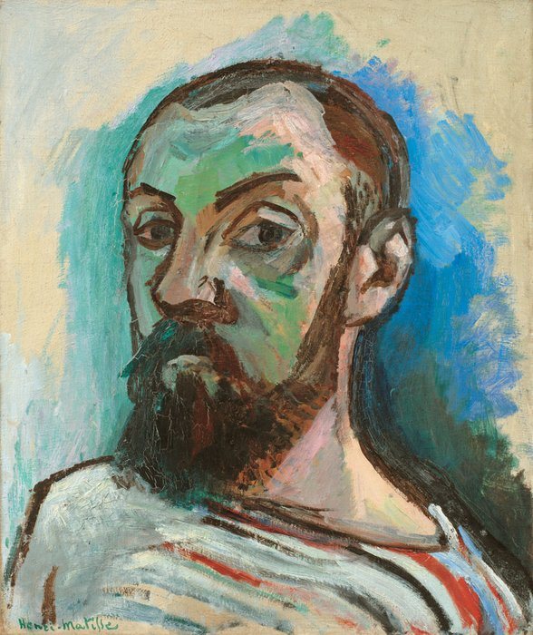 Autoportrét v pruhovaném tričku od Henriho Matisse z roku 1906 – muž s plnovousem malovaný zelenými, oranžovými a modrými tahy