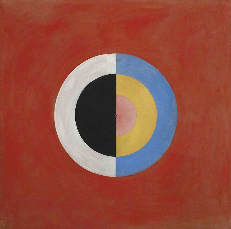 Labuť č. 17 od Hilmy af Klint, 1915 – kruh rozdělený na černobílou a modrožlutou polovinu na červeném pozadí