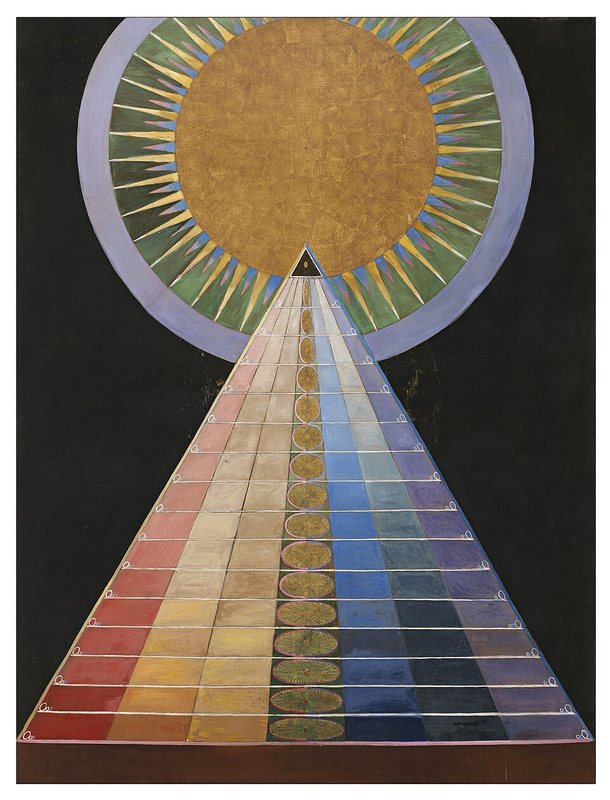 Oltářní obraz č. 1 od Hilmy af Klint, 1915 – barevný trojúhelník stoupá k zlatému kruhu na černém pozadí