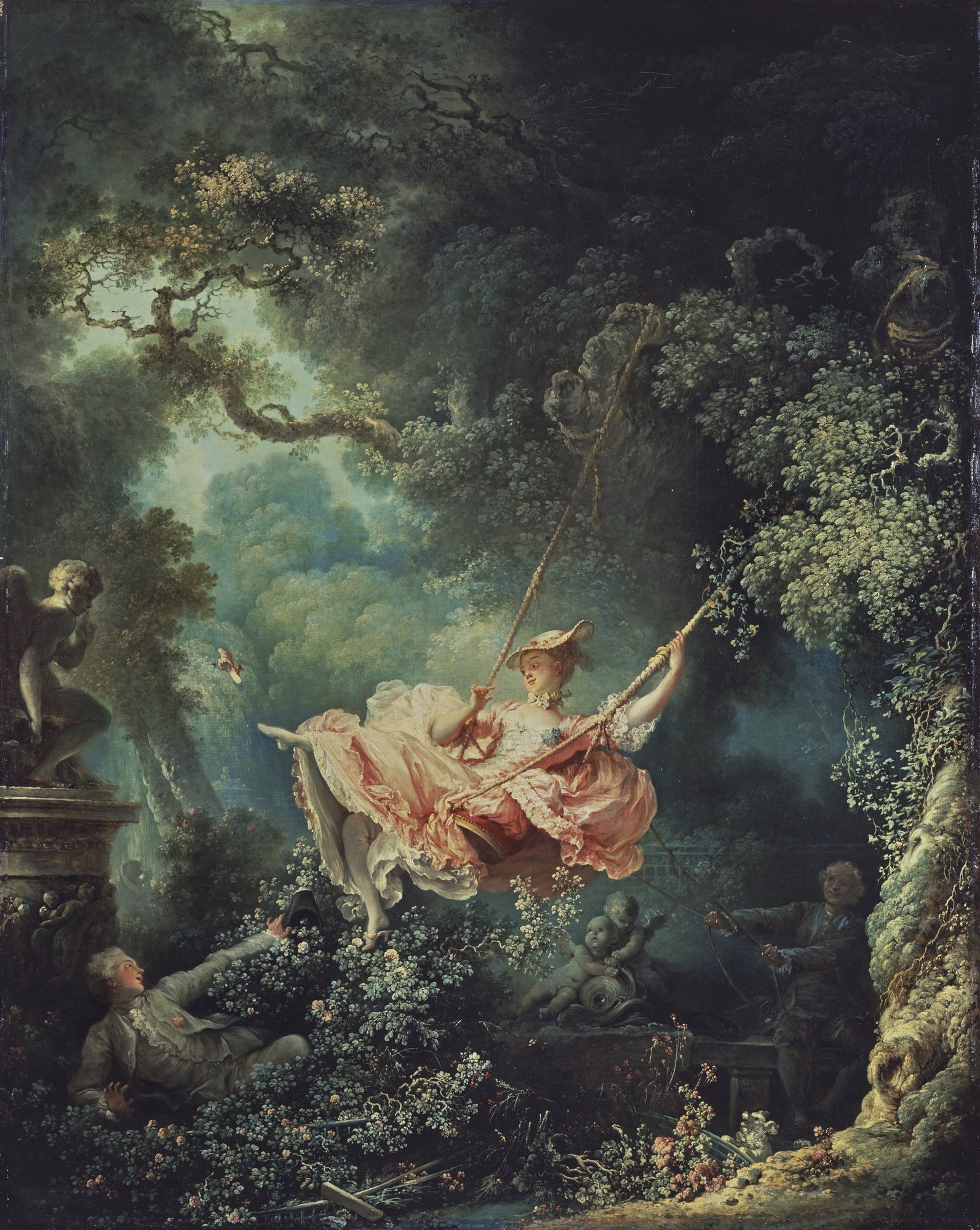 Houpačka od Jeana-Honoré Fragonarda, kolem 1767 – dívka v růžových šatech se houpe v zahradě a kope do vzduchu střevíc, vlevo dole leží v keři mladý muž, vpravo ve stínu muž tahá za provazy