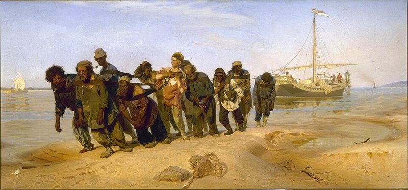 Burlaci na Volze od Ilji Repina, 1870–1873 – skupina vyčerpaných mužů táhne na lanech loď podél písčitého břehu řeky