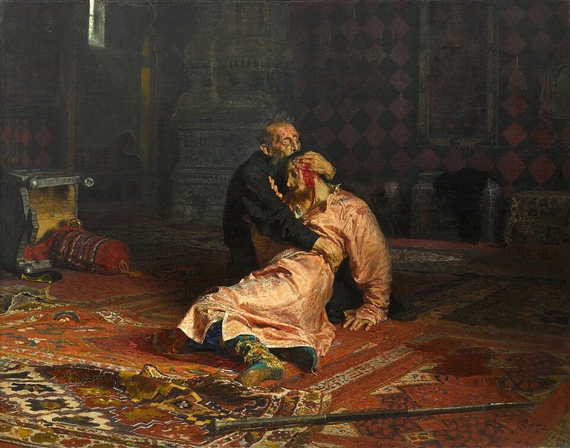 Ivan Hrozný a jeho syn Ivan od Ilji Repina, 1883–1885 – zděšený car objímá na koberci svého zraněného syna