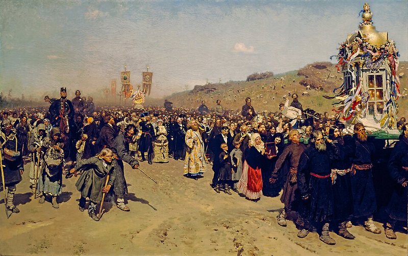 Křížové procesí v Kurské gubernii od Ilji Repina, 1880–1883 – zástup lidí s ikonami a korouhvemi jde po prašné cestě