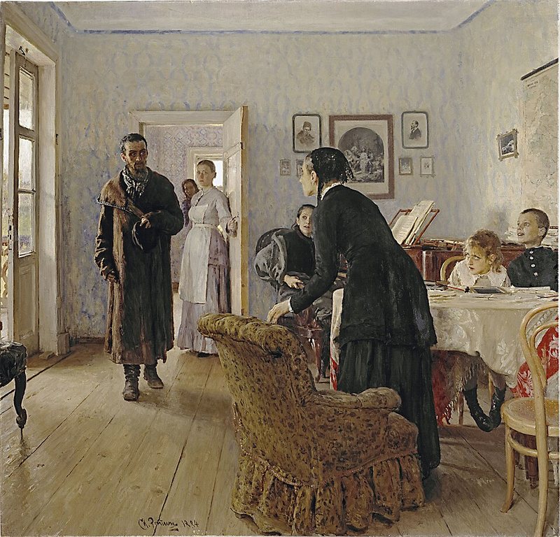 Nečekali ho od Ilji Repina, 1884–1888 – muž v kabátě vstupuje do pokoje a rodina se k němu překvapeně otáčí