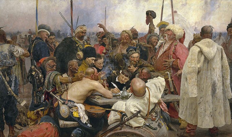 Záporožští kozáci píší dopis tureckému sultánovi od Ilji Repina, 1880–1891 – skupina smějících se kozáků kolem stolu s písařem
