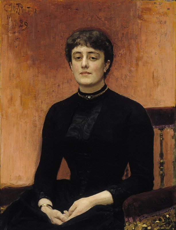 Portrét Jelizavety Zvancevové od Ilji Repina, 1889 – mladá žena v černých šatech sedí v křesle
