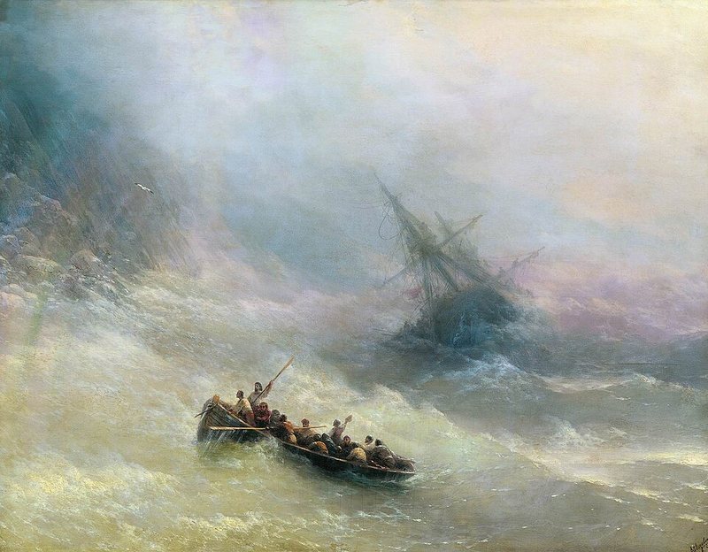 Duha od Ivana Ajvazovského, 1873 – loďka s veslaři v bouři u potápějící se lodi, nad nimi slabá duha v mlze