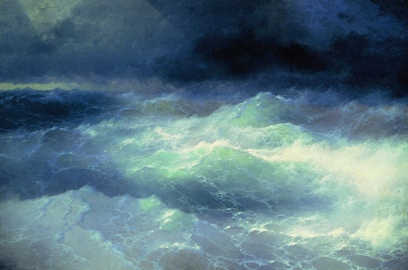 Mezi vlnami od Ivana Ajvazovského, 1898 – rozbouřené tmavomodré moře se zelenými hřebeny vln pod těžkými mraky