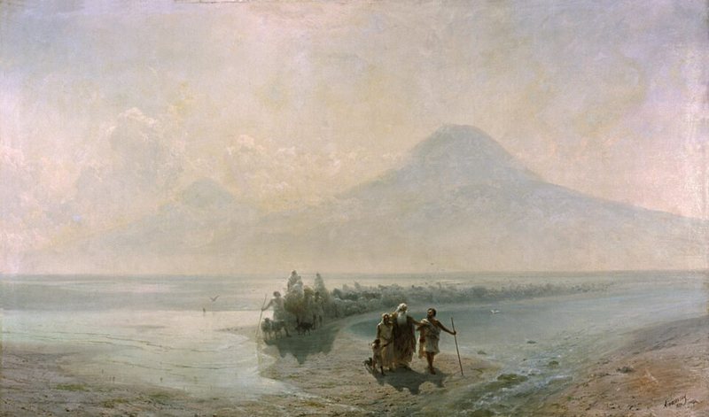 Sestup Noema z Araratu od Ivana Ajvazovského – průvod lidí a zvířat v rovině pod zamlženou horou Ararat