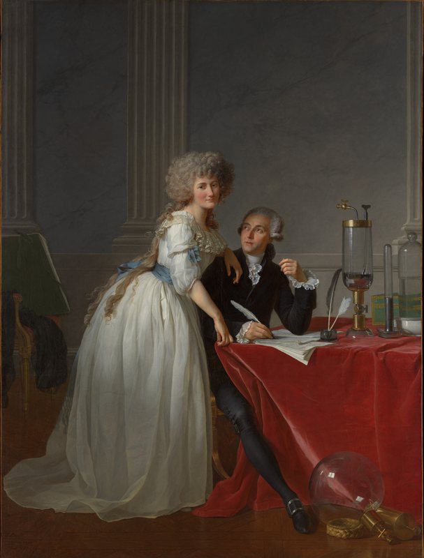 Portrét Antoina Lavoisiera s manželkou od Jacquese-Louise Davida, 1788 – manželka v bílých šatech se opírá o chemika píšícího u stolu s přístroji