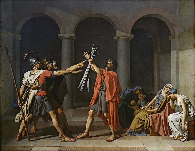 Přísaha Horatiů od Jacquese-Louise Davida, 1784 – tři bratři v římské zbroji natahují ruce k mečům, které drží jejich otec, vpravo truchlící ženy