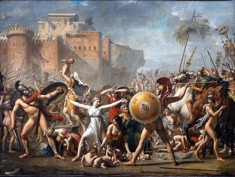 Sabinky od Jacquese-Louise Davida, 1799 – žena s rozpřaženýma rukama stojí mezi dvěma bojujícími válečníky před hradbami
