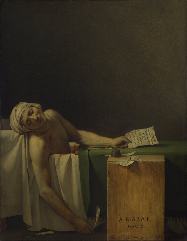 Smrt Marata od Jacquese-Louise Davida, 1793 – mrtvý Marat ve vaně s brkem a dopisem v rukou, před ním dřevěná bedna s nápisem