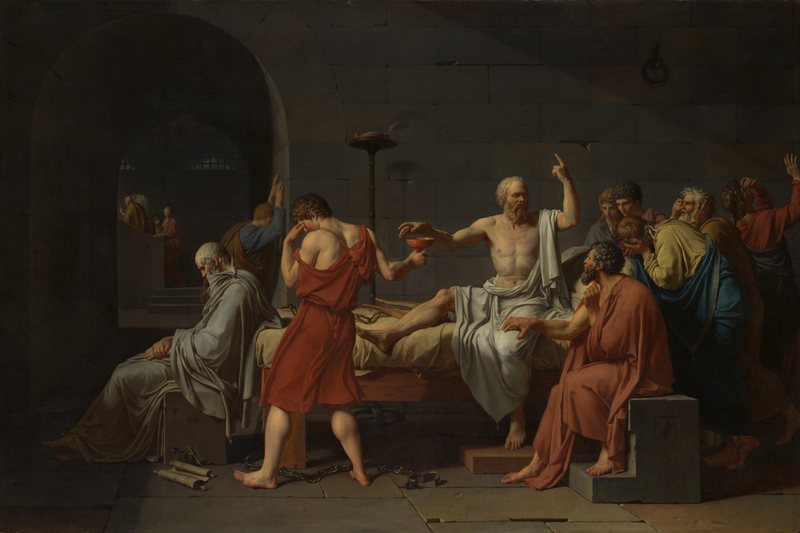 Smrt Sókratova od Jacquese-Louise Davida, 1787 – filozof na lůžku sahá po poháru s jedem a mluví k truchlícím žákům