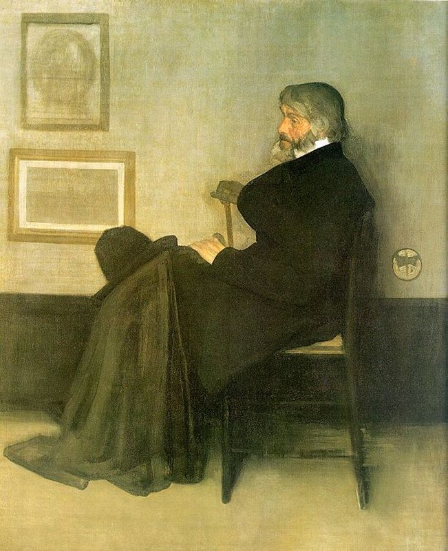 Portrét Thomase Carlyla od Jamese McNeilla Whistlera, 1872–1873 – starý vousatý muž v dlouhém kabátě sedí z profilu s kloboukem na klíně