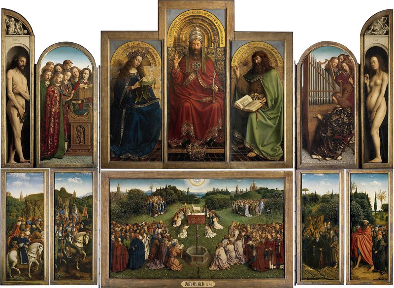 Gentský oltář od Huberta a Jana van Eycka, dokončen 1432 – otevřený polyptych s Bohem Otcem, Pannou Marií a scénou Klanění Beránkovi v dolní části