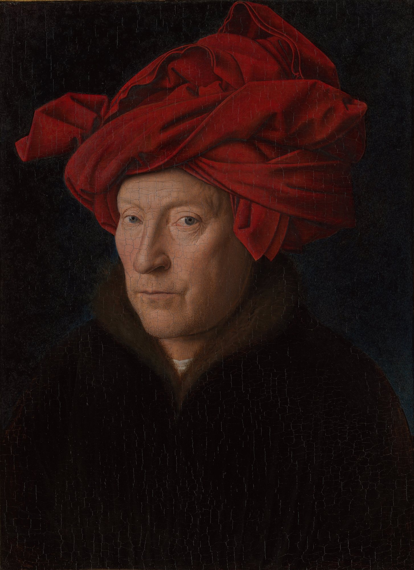 Muž v červeném turbanu od Jana van Eycka, 1433 – portrét muže v rudé zřasené pokrývce hlavy na černém pozadí, možná autoportrét