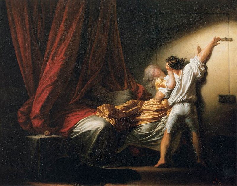 Závora od Jeana-Honoré Fragonarda, kolem 1777 – muž zasunuje závoru na dveřích a objímá ženu, vedle rozestlaná postel s červenými závěsy