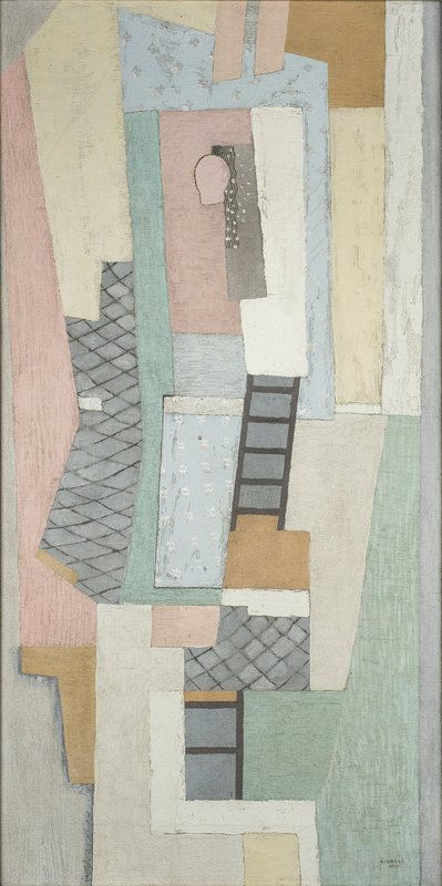 Náměsíčná od Jindřicha Štyrského, 1925 – úzký svislý obraz z pastelových geometrických ploch v šedé, růžové a zelené